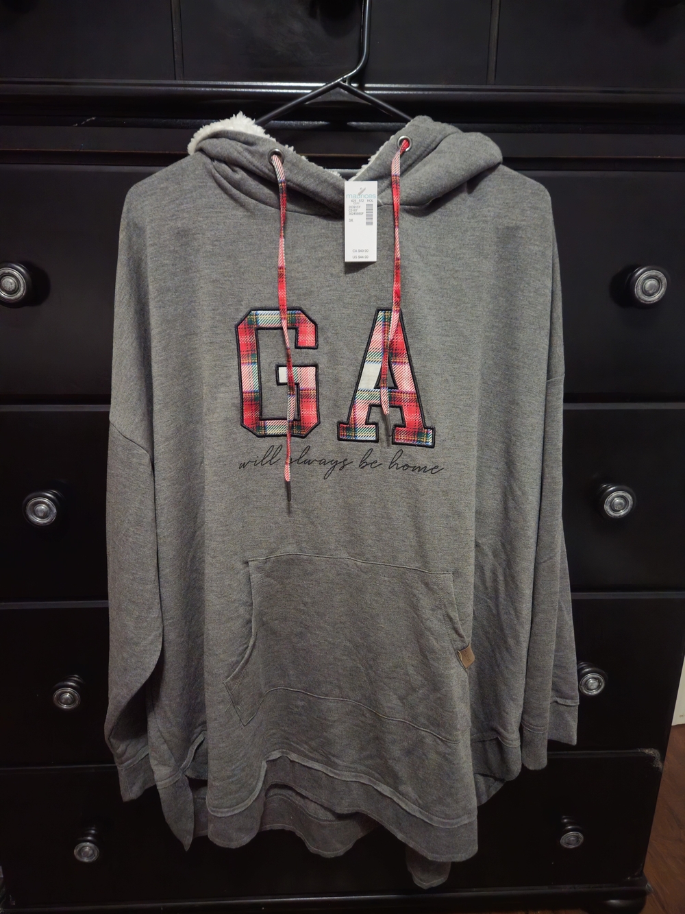 Maurices Gray Crewneck Sherpa Hoodie with Red Plaid GA Applique